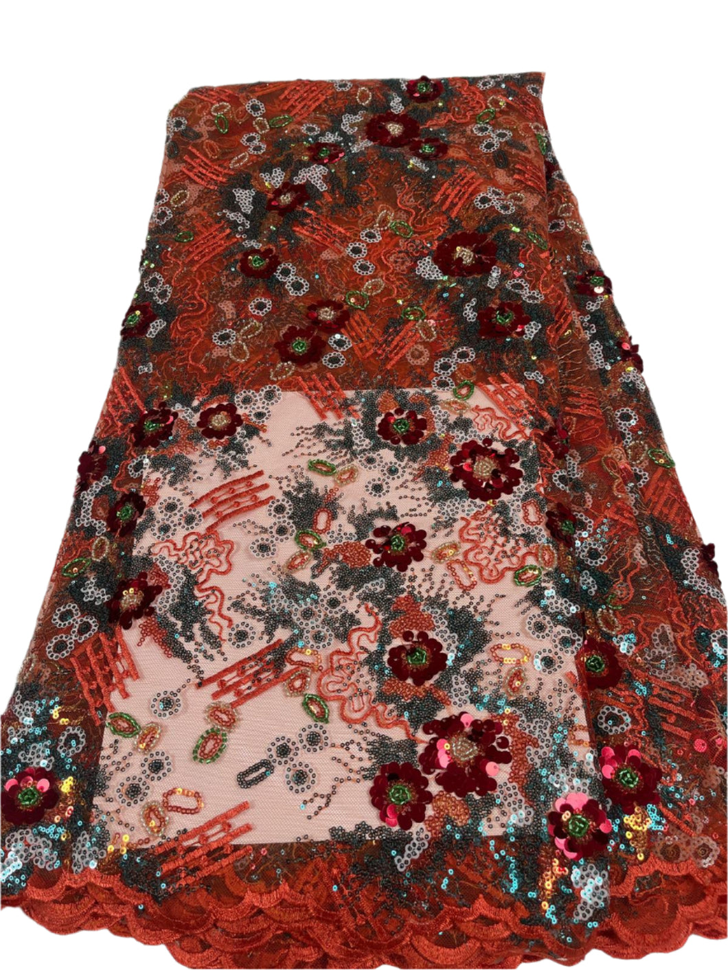 Orange and Green French Lace - 5 Yards