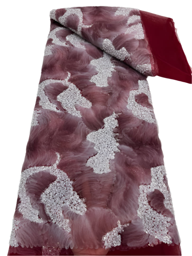 Wine Beaded French Lace - 5 Yards