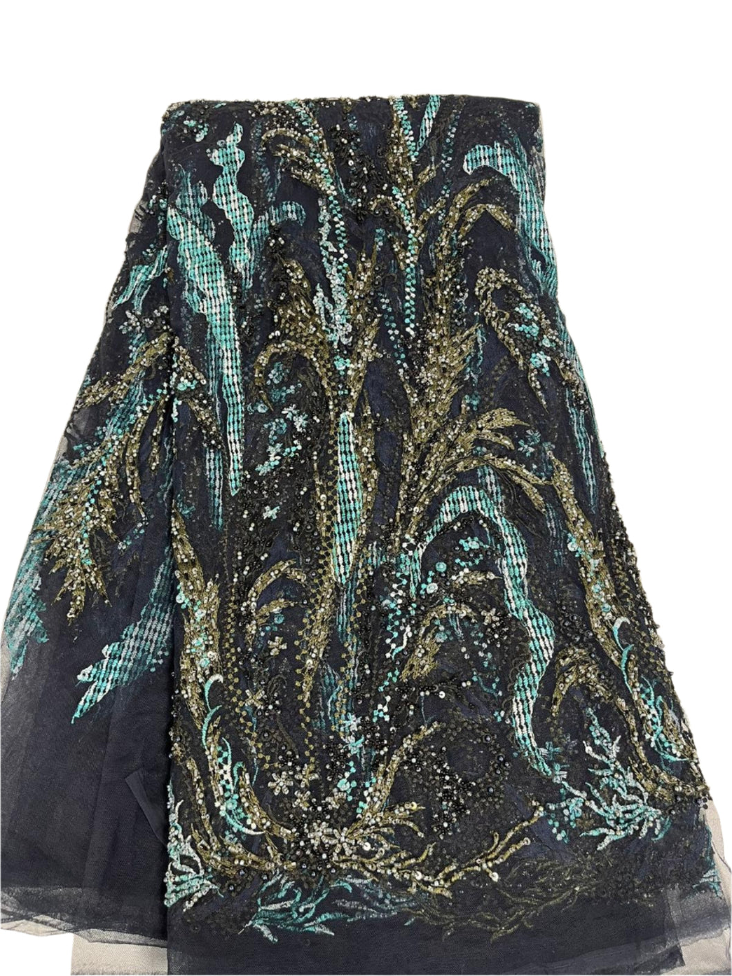 Navy Blue and Green Beaded French Lace - 5 Yards