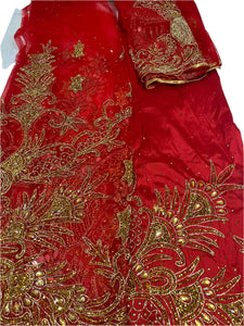 Red Net Beaded George with Blouse Fabric (3 Piece)
