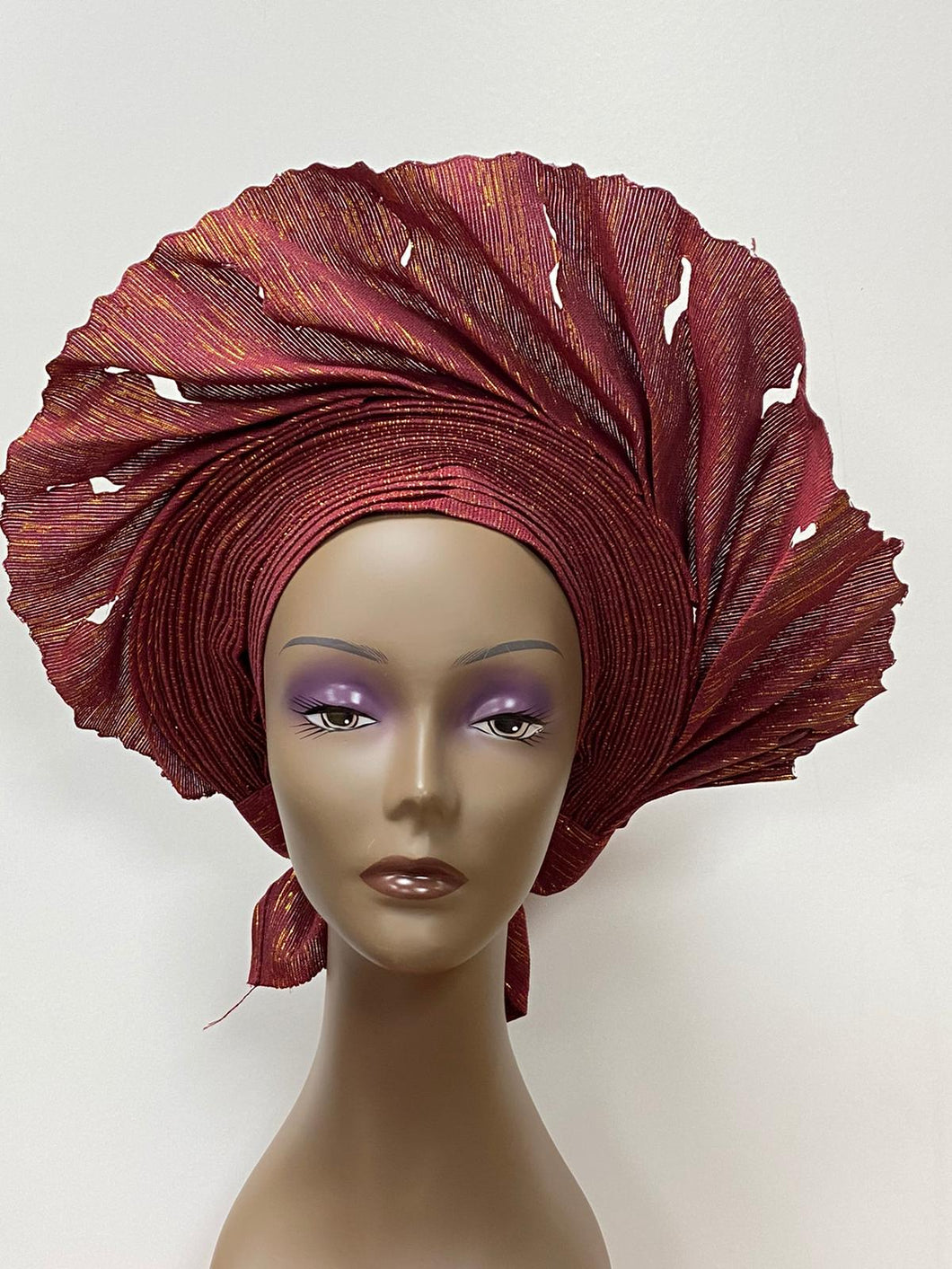 Burgundy mixed with Gold Aso-Oke Auto Gele