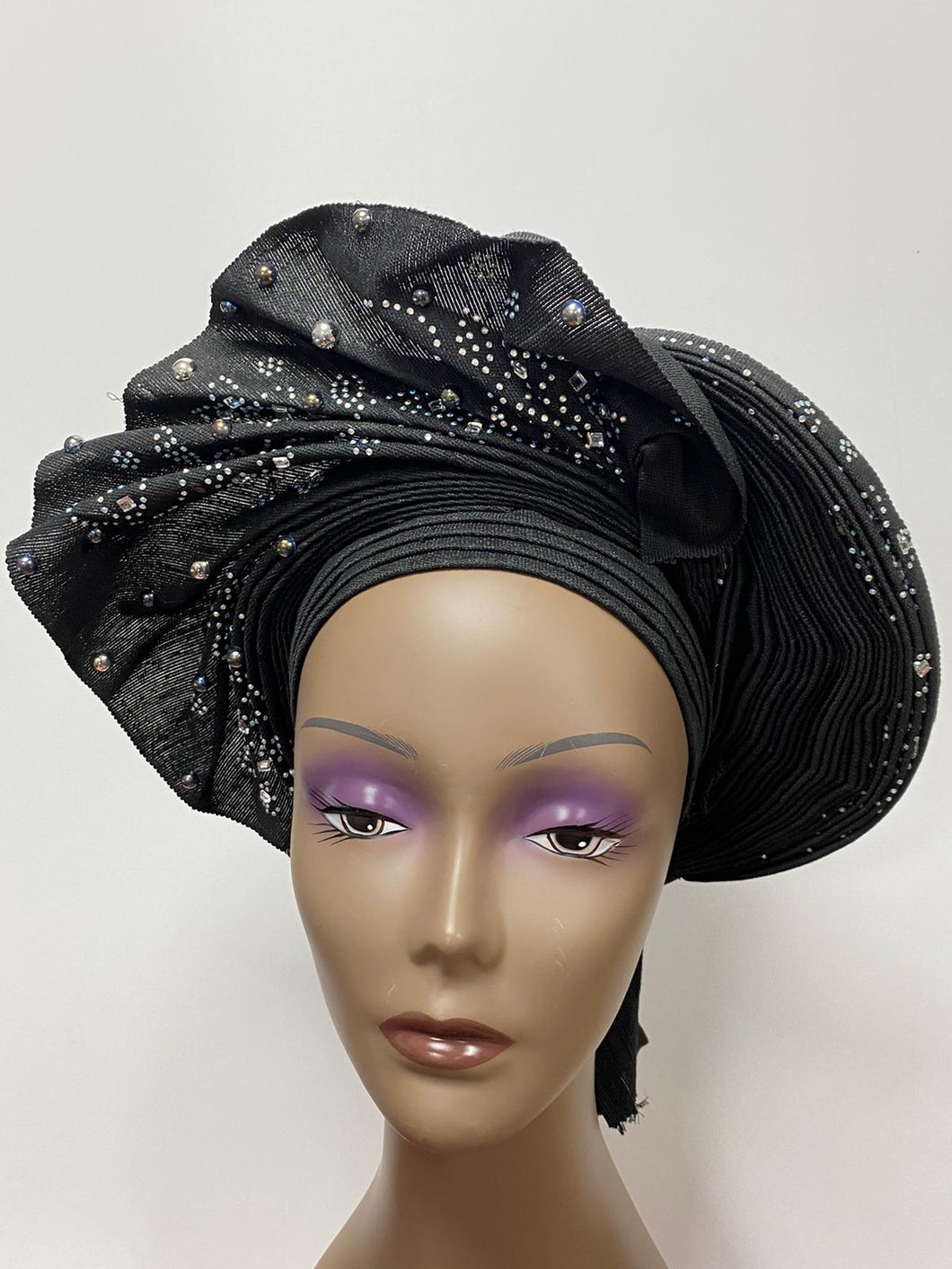 Black Beaded Aso-Oke Auto Gele